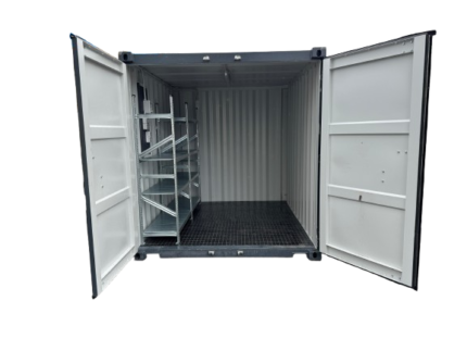 10 Fuß Lagercontainer mit Schwerlastregalen + Strompaket